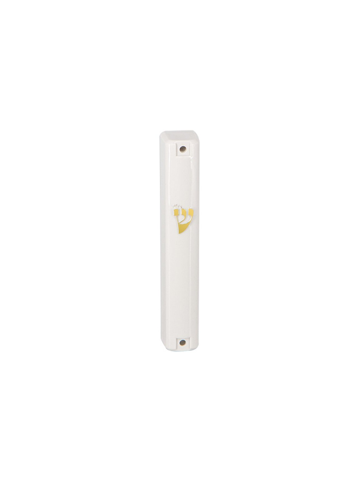 White Plastic Lucite Mezuzah Case with Gold Shin ... | Plastic Mezuzah