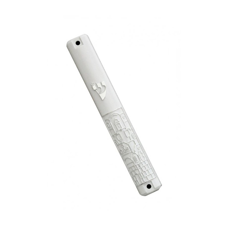 White Plastic Mezuzah Case with Silver Jerusalem ... | Plastic Mezuzah