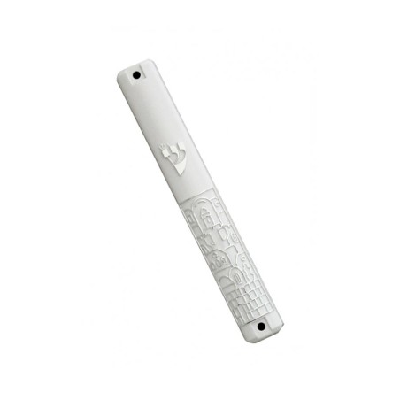 White Plastic Mezuzah Case with Silver Jerusalem ... | Plastic Mezuzah