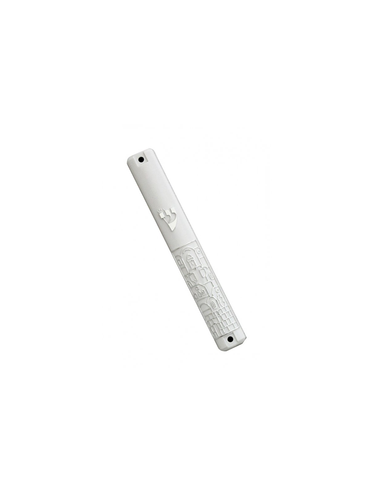 White Plastic Mezuzah Case with Silver Jerusalem ... | Plastic Mezuzah