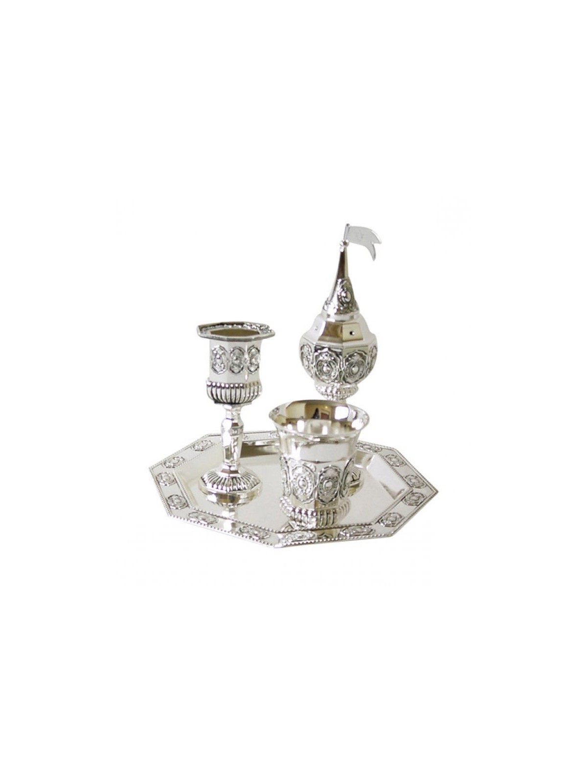 Silver Plated 4 Piece Havdalah Set Geometric Design | Havdalah Sets