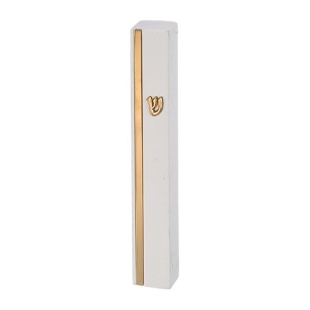 Smooth Stone Like White Mezuzah Case with Gold Stri... | Stone Mezuzah