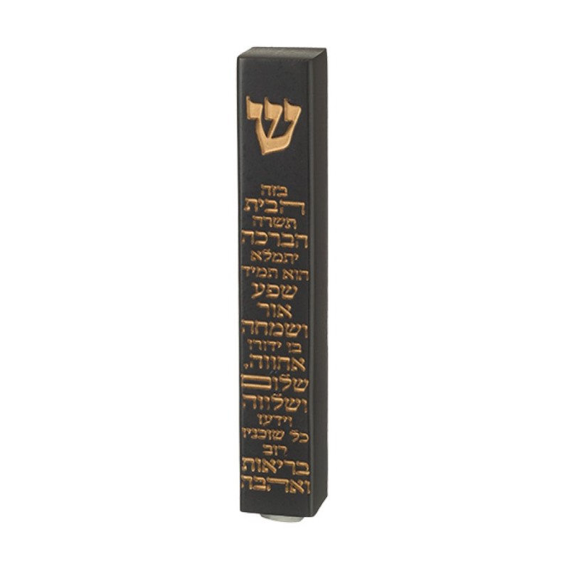 Black Polyresin Mezuzah Case Gleaming Gold Hebrew H... | Stone Mezuzah