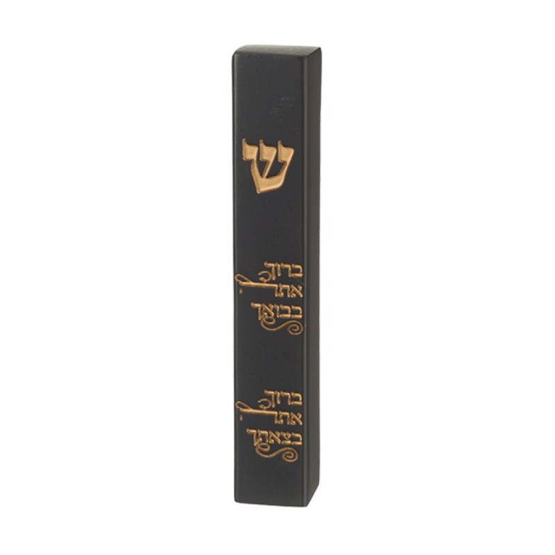 Black Polyresin Mezuzah Case Gold Arrival Departure... | Stone Mezuzah