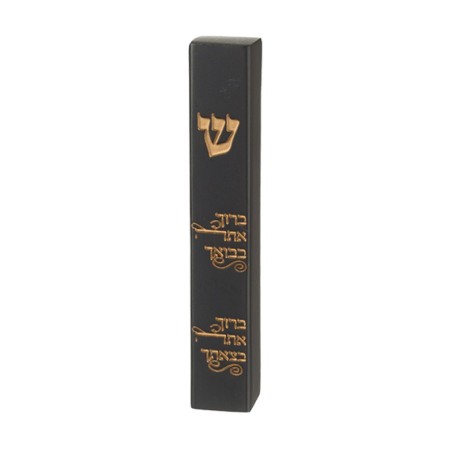 Black Polyresin Mezuzah Case Gold Arrival Departure... | Stone Mezuzah