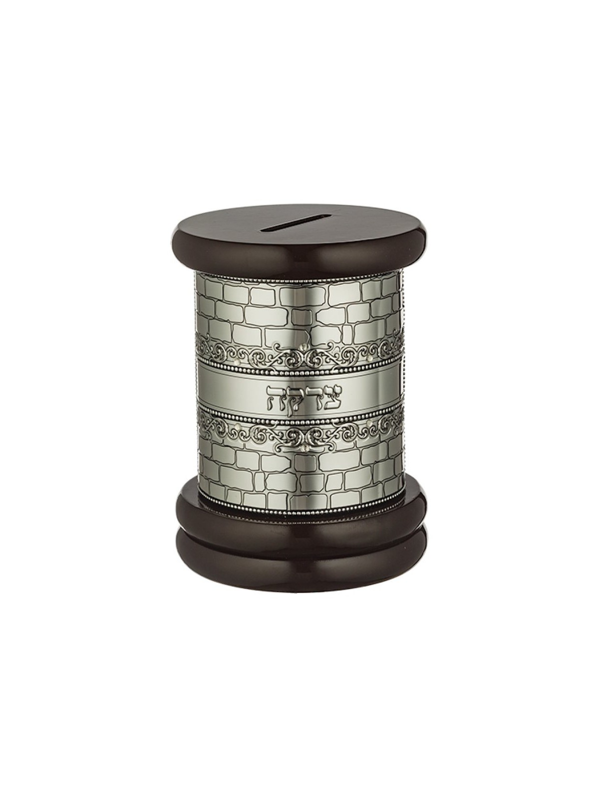 Round Brown Wood Charity Box with Metal Plate Depi... | Tzedakah boxes