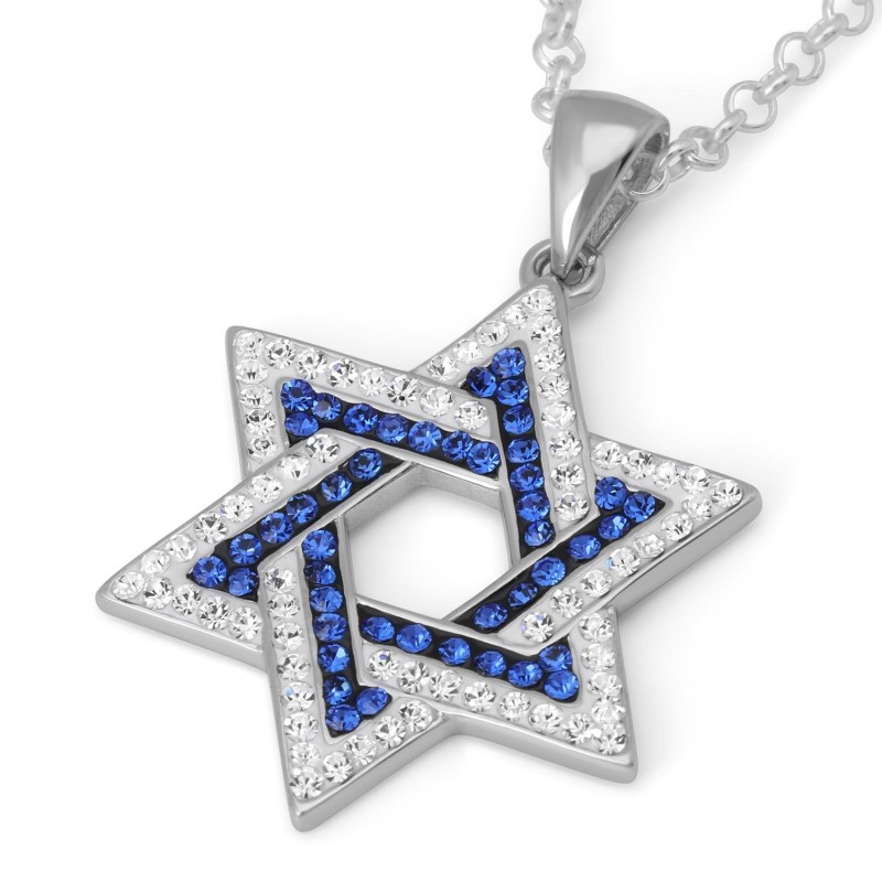 925 Sterling Silver Interlocked Star of David Pendant Necklace with Bl