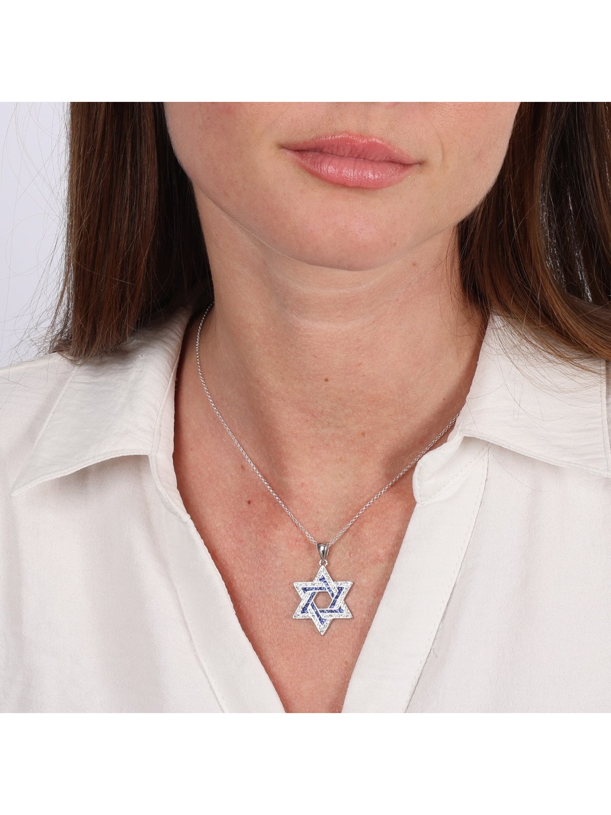 925 Sterling Silver Interlocked Star of David Pendant Necklace with Bl
