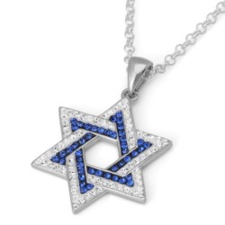 925 Sterling Silver Interlocked Star of David Pendant Necklace with Bl