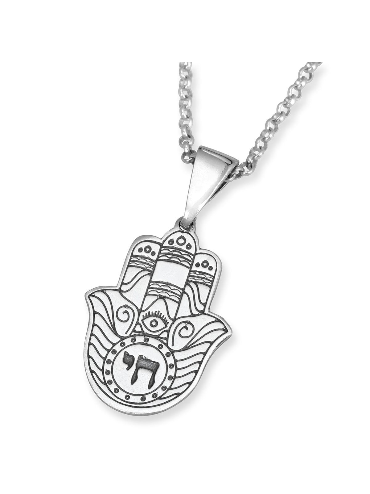 Sterling Silver Hamsa Necklace with Chai