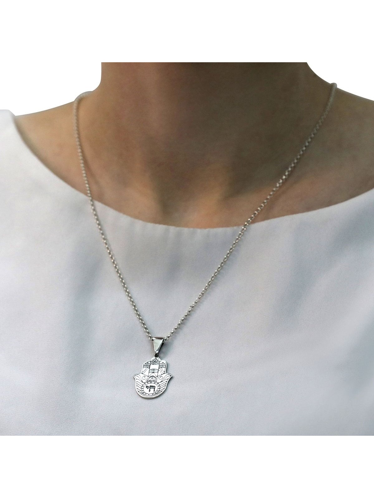 Sterling Silver Hamsa Necklace with Chai