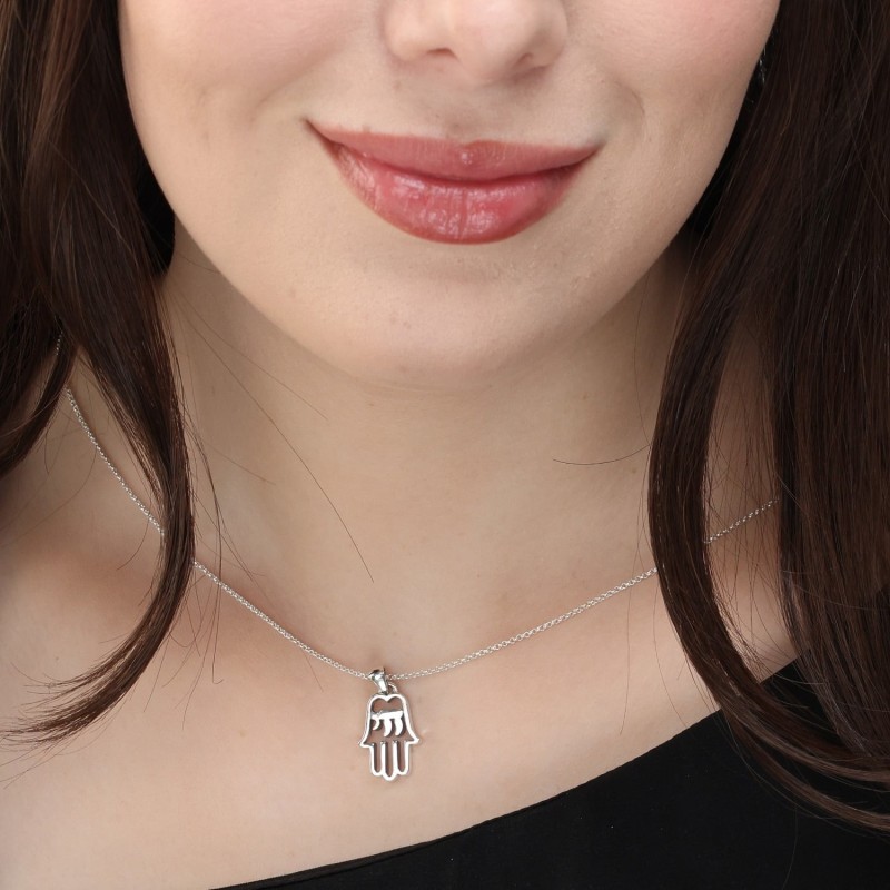 Sterling Silver Hamsa Pendant Necklace with Chai