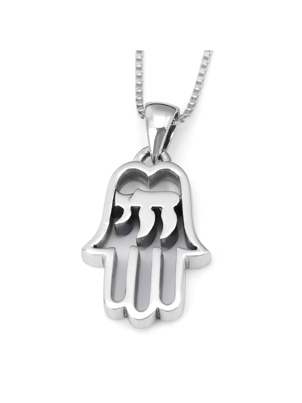 Sterling Silver Hamsa Pendant Necklace with Chai