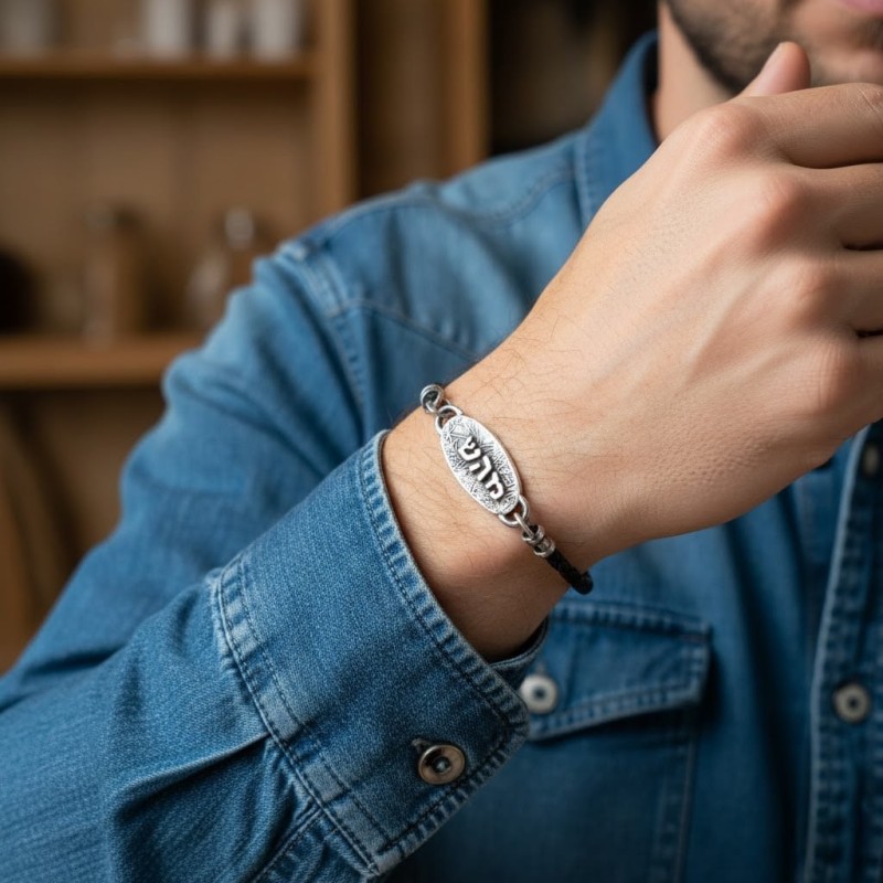Sterling Silver & Leather Kabbalah Healing Bracelet