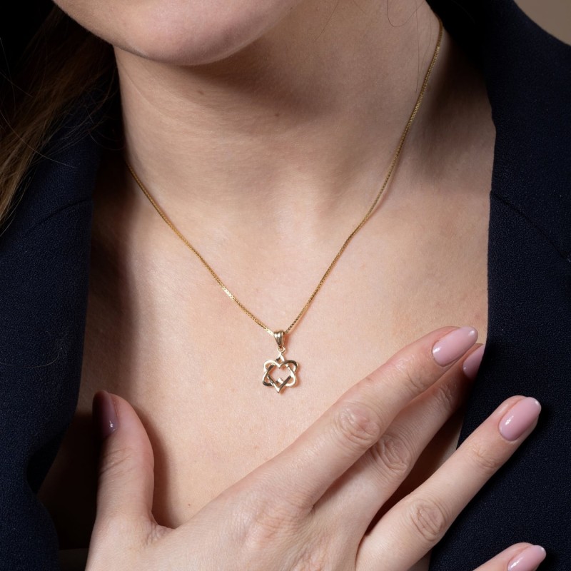 14K Gold Hearts Star of David Pendant Necklace for Women