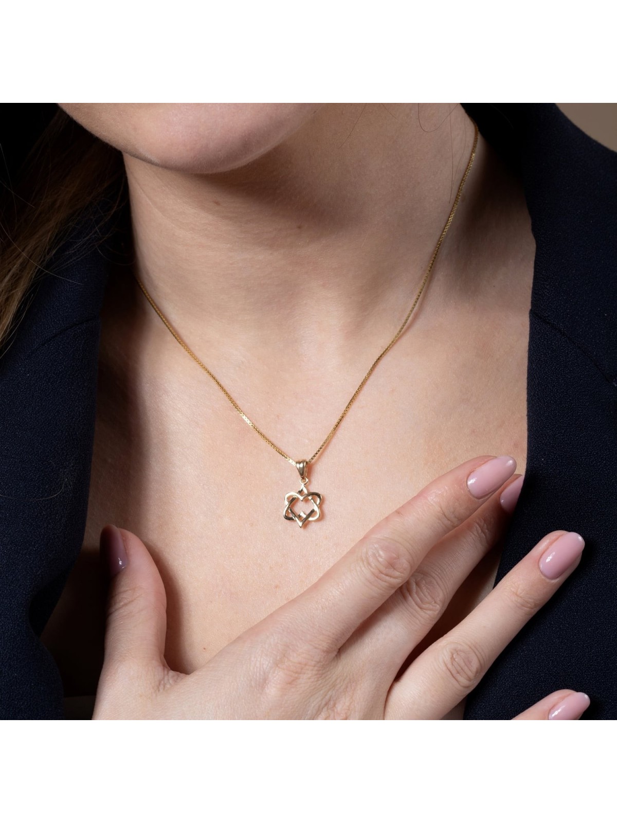 14K Gold Hearts Star of David Pendant Necklace for Women