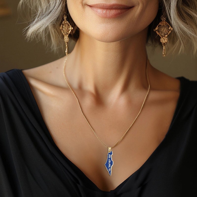 14K Gold and Blue Enamel Map of Israel Pendant with Am Yisrael Chai