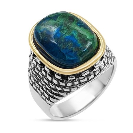 Deluxe Eilat Stone, Silver and Gold Filled Ring - Old Jerusalem Motif