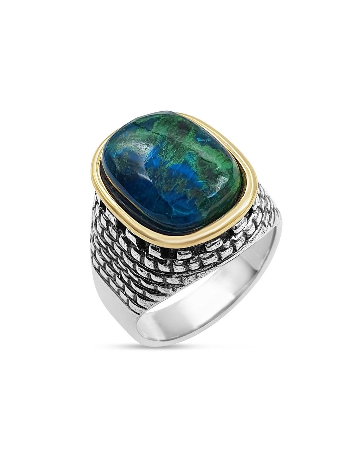 Deluxe Eilat Stone, Silver and Gold Filled Ring - Old Jerusalem Motif