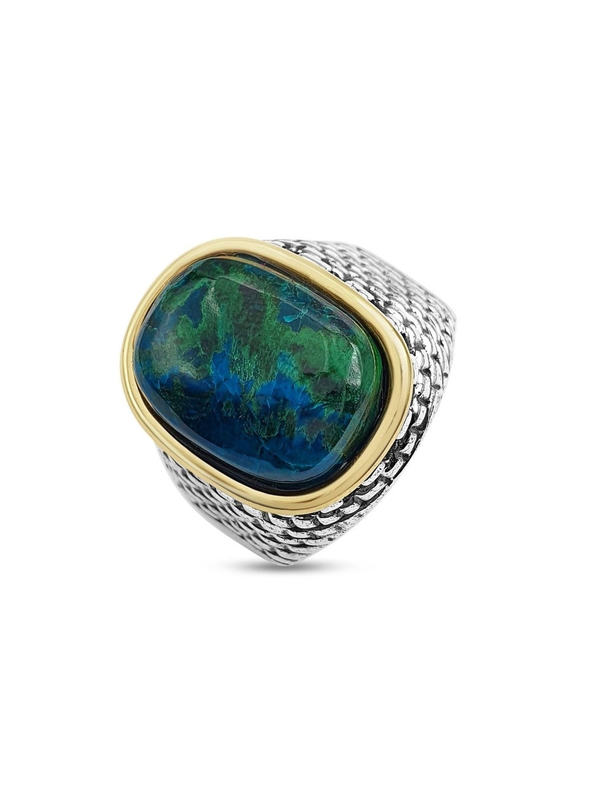 Deluxe Eilat Stone, Silver and Gold Filled Ring - Old Jerusalem Motif
