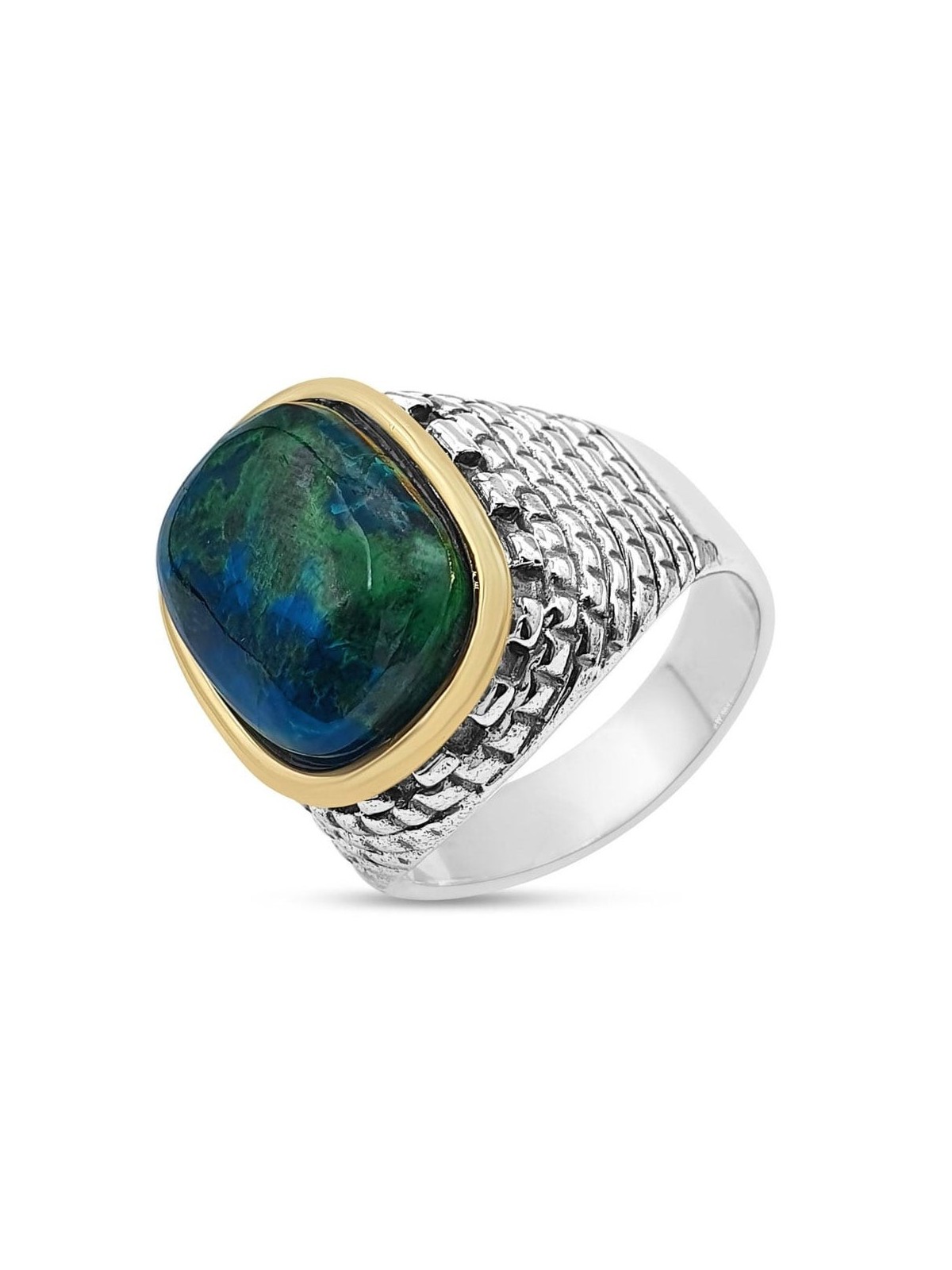 Deluxe Eilat Stone, Silver and Gold Filled Ring - Old Jerusalem Motif
