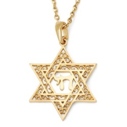 14K Gold Star of David Pendant Necklace With Chai Design