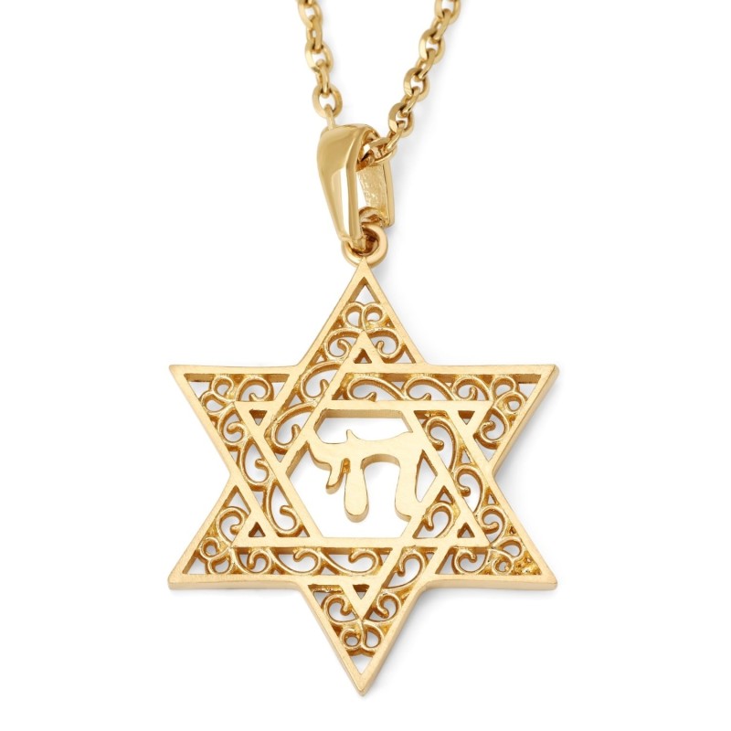 14K Gold Star of David Pendant Necklace With Chai Design