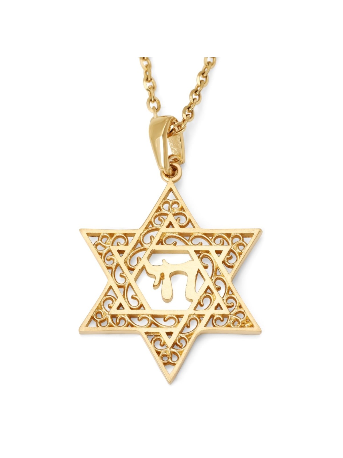 14K Gold Star of David Pendant Necklace With Chai Design