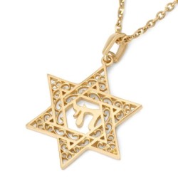 14K Gold Star of David Pendant Necklace With Chai Design