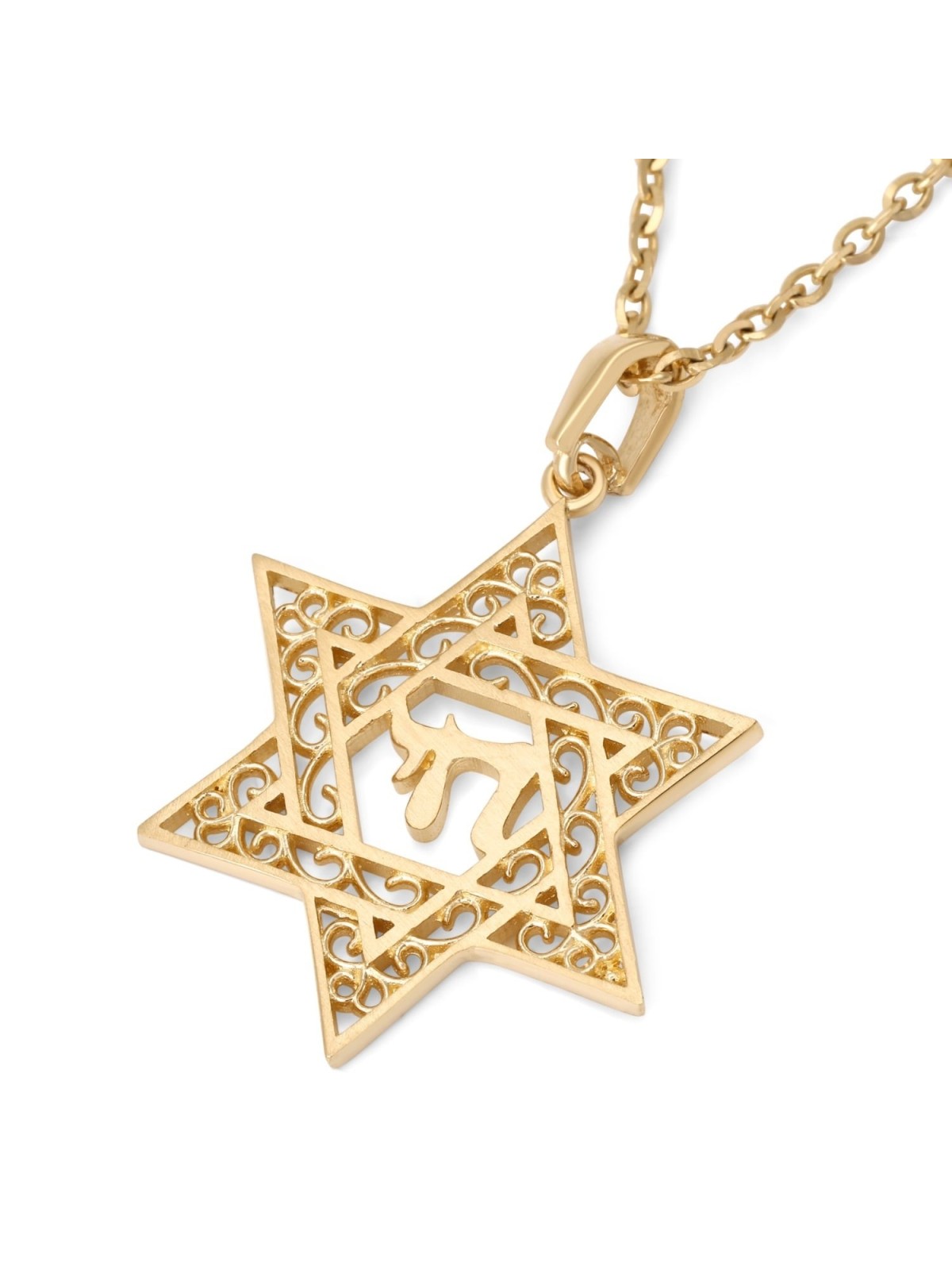14K Gold Star of David Pendant Necklace With Chai Design