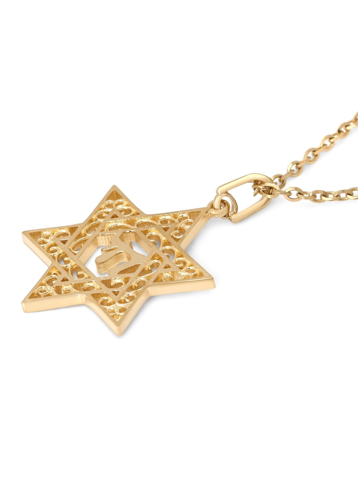14K Gold Star of David Pendant Necklace With Chai Design