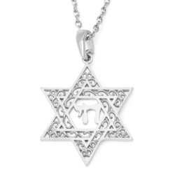 14K Gold Star of David Pendant Necklace With Chai Design