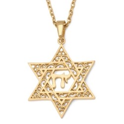 14K Gold Star of David Pendant Necklace With Chai Design