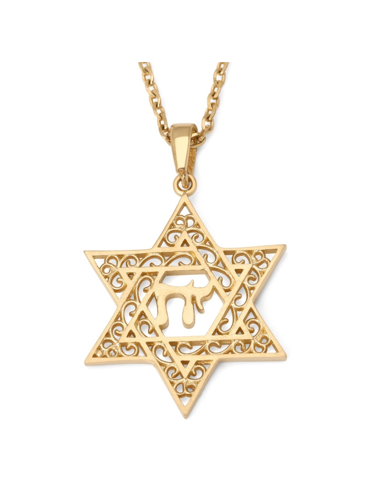 14K Gold Star of David Pendant Necklace With Chai Design