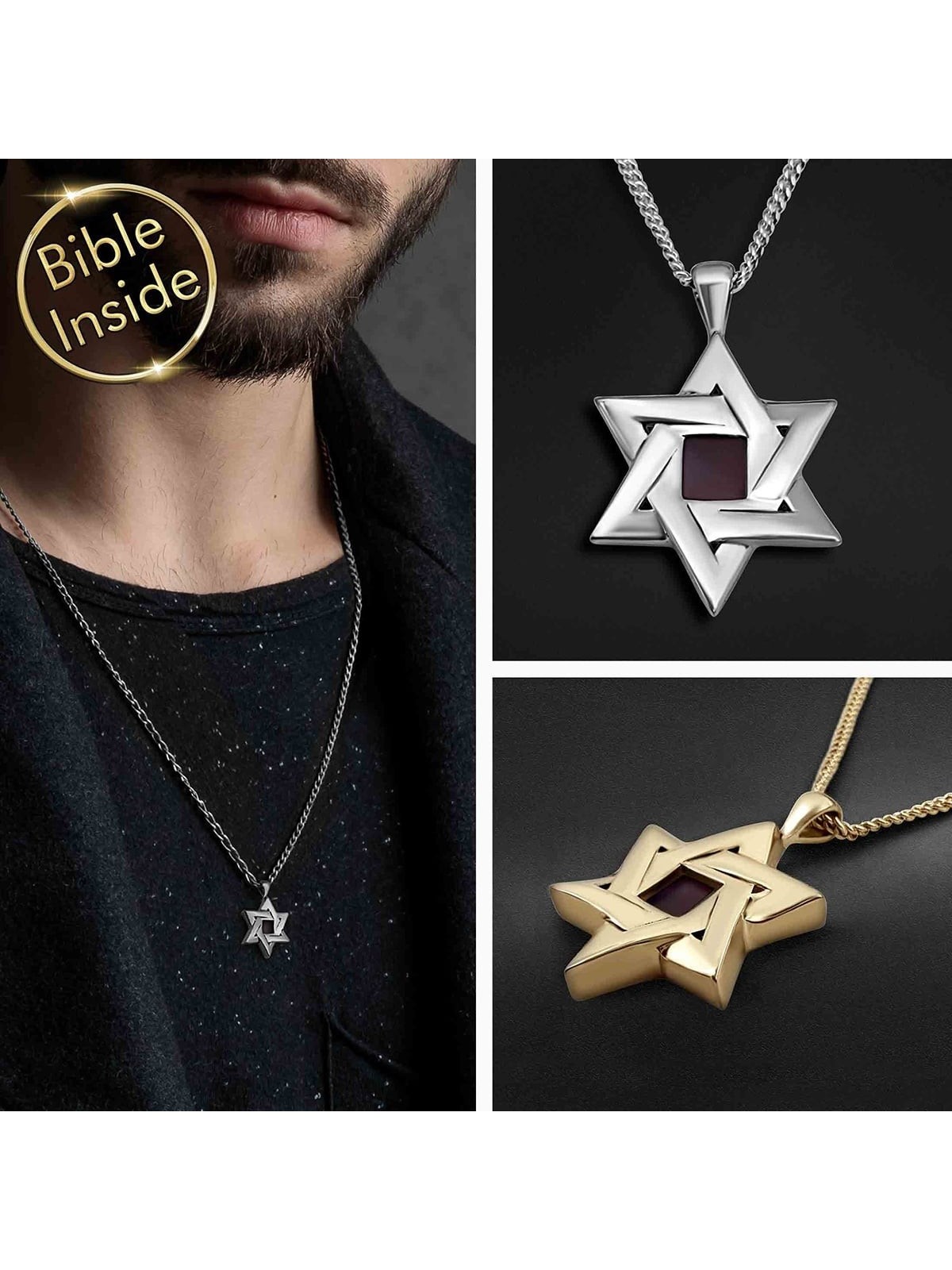 Grand Star of David Necklace with Micro-Inscribed Bible Chip - Silver