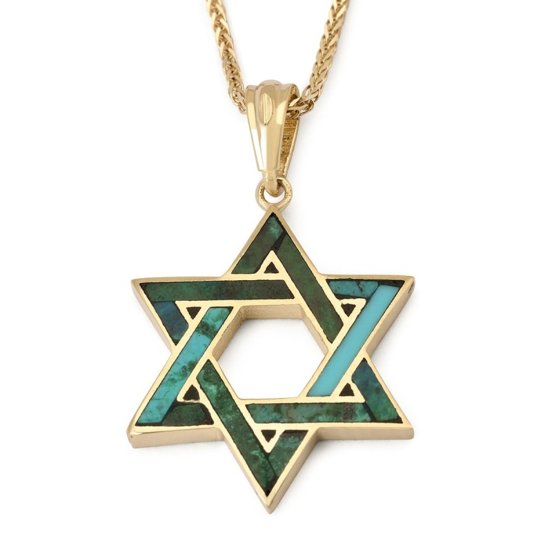 14K Gold Star of David Pendant Lined with Eilat Stone