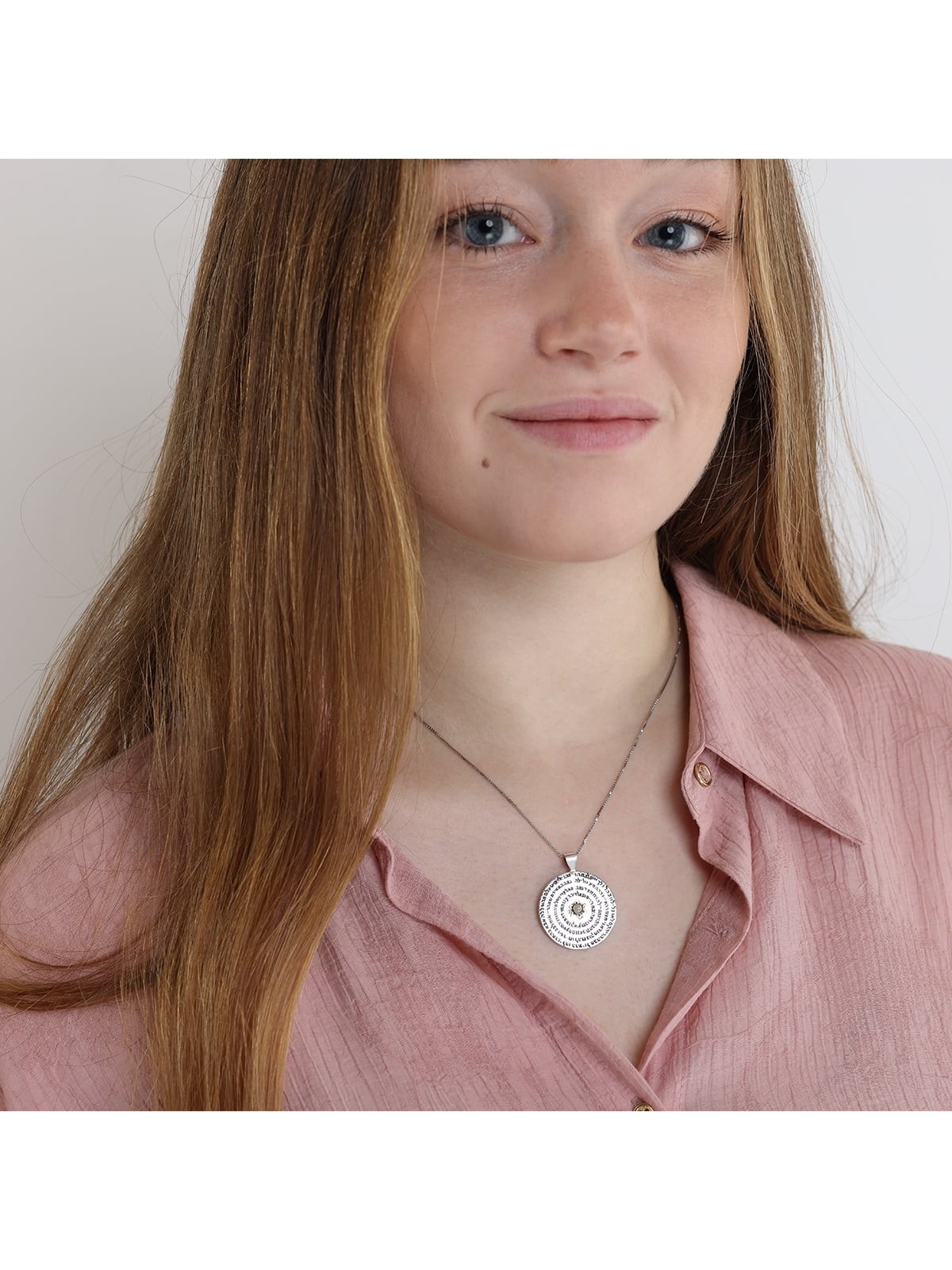 Silver and Gold Disk Kabbalah Necklace with Chrysoberyl - 72 Holy Name