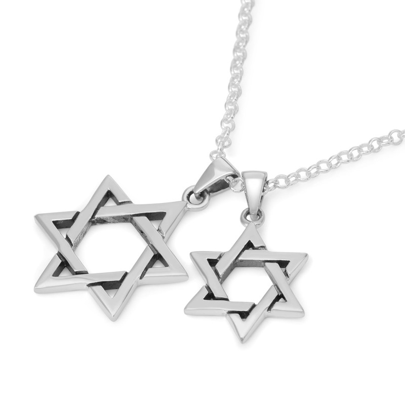 925 Sterling Silver Star of David Pair of Pendants Necklace