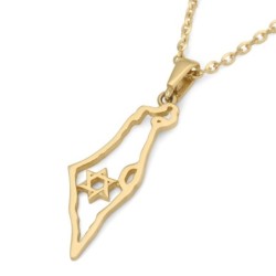 14K Gold Outline Map of Israel Pendant with Star of David - Yellow or