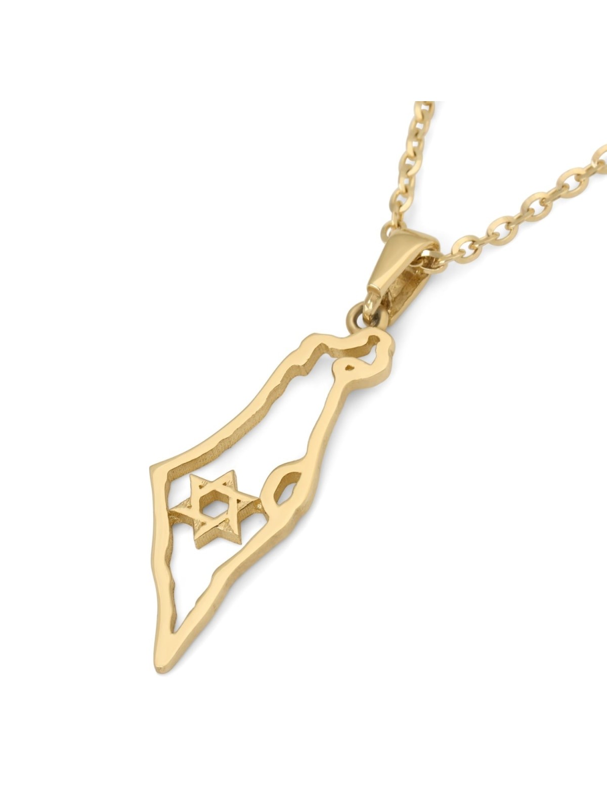 14K Gold Outline Map of Israel Pendant with Star of David - Yellow or