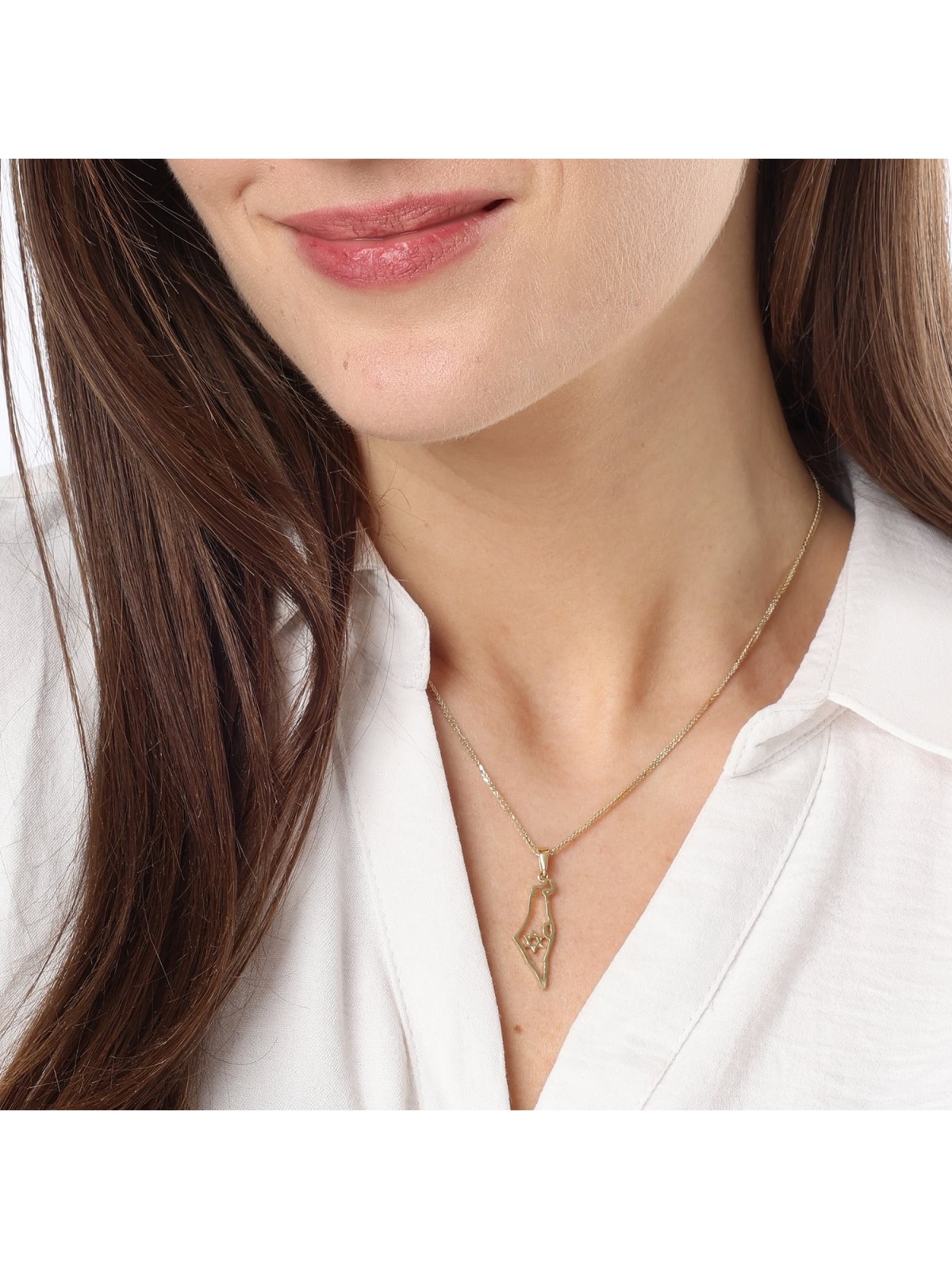 14K Gold Outline Map of Israel Pendant with Star of David - Yellow or