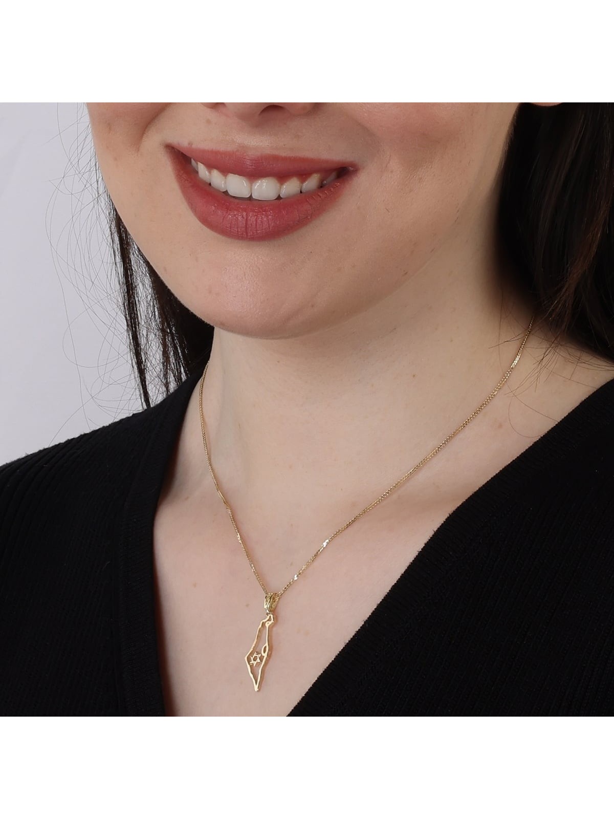 14K Gold Outline Map of Israel Pendant with Star of David - Yellow or