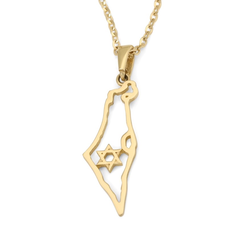 14K Gold Outline Map of Israel Pendant with Star of David - Yellow or