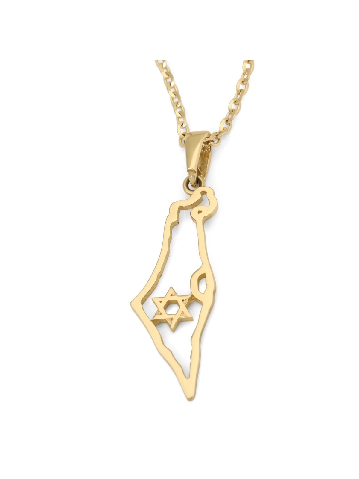 14K Gold Outline Map of Israel Pendant with Star of David - Yellow or