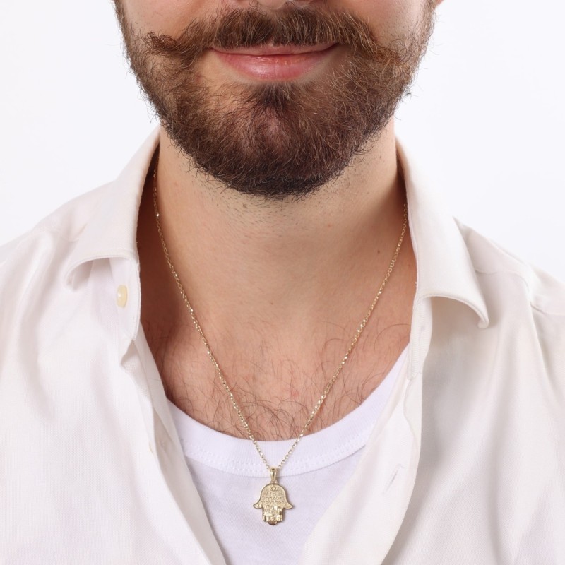 14K Gold Hamsa Jerusalem Pendant Necklace with Star of David
