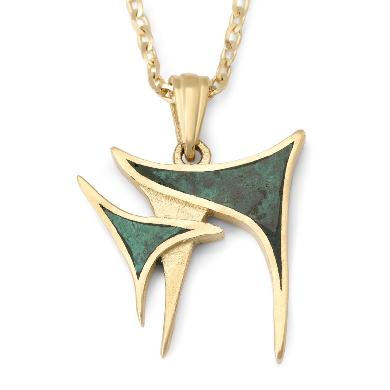 14K Yellow Gold Unique Unisex Chai Pendant Necklace with Eilat Stone