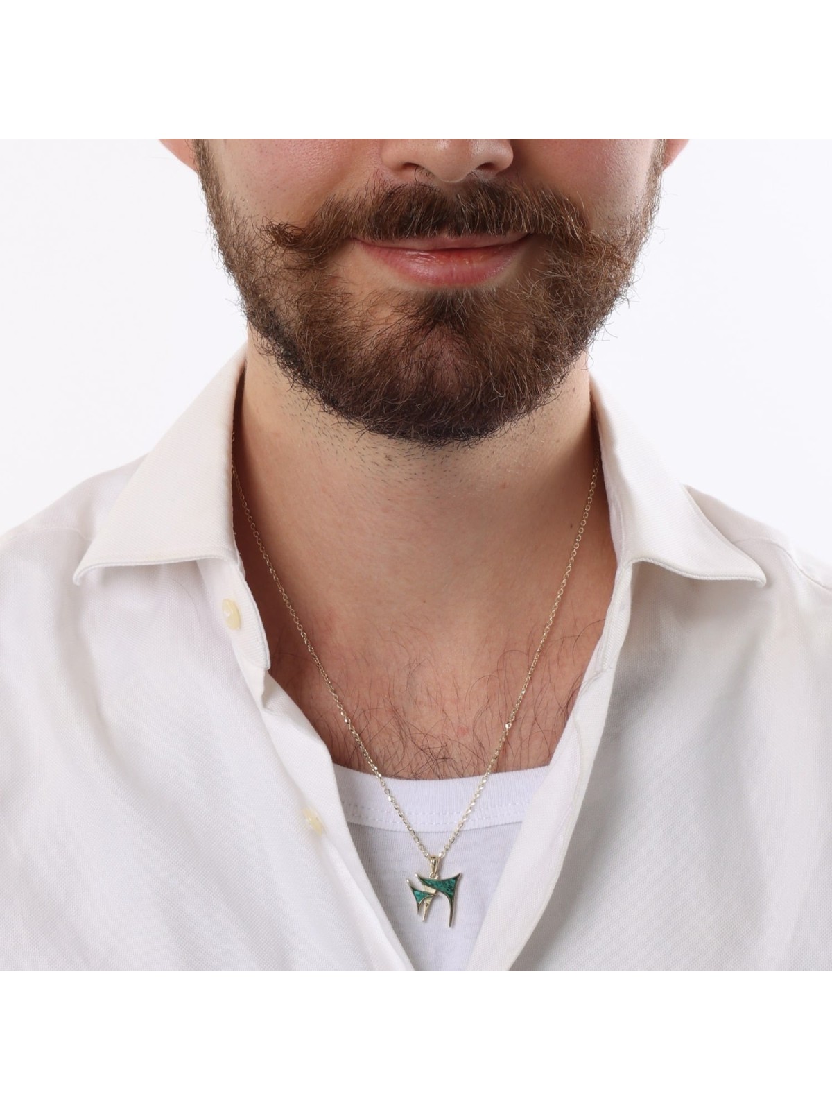 14K Yellow Gold Unique Unisex Chai Pendant Necklace with Eilat Stone