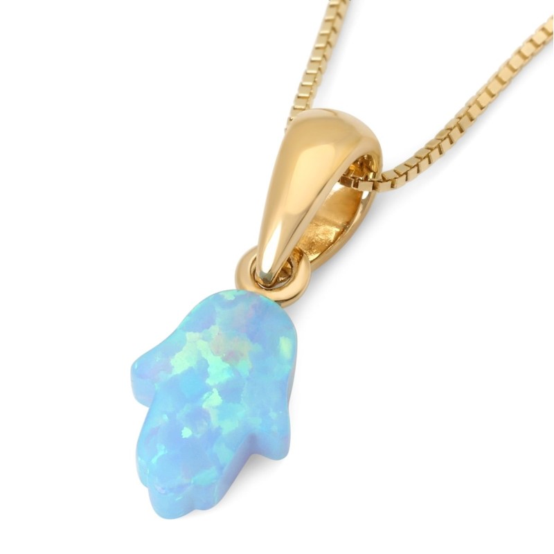 14K Gold Blue Opal Hamsa Pendant