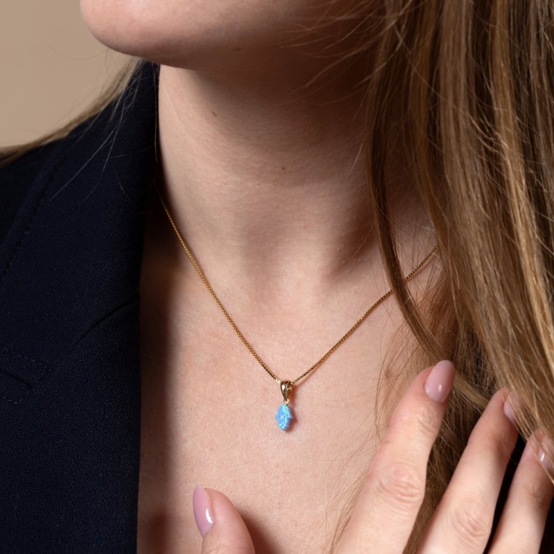 14K Gold Blue Opal Hamsa Pendant