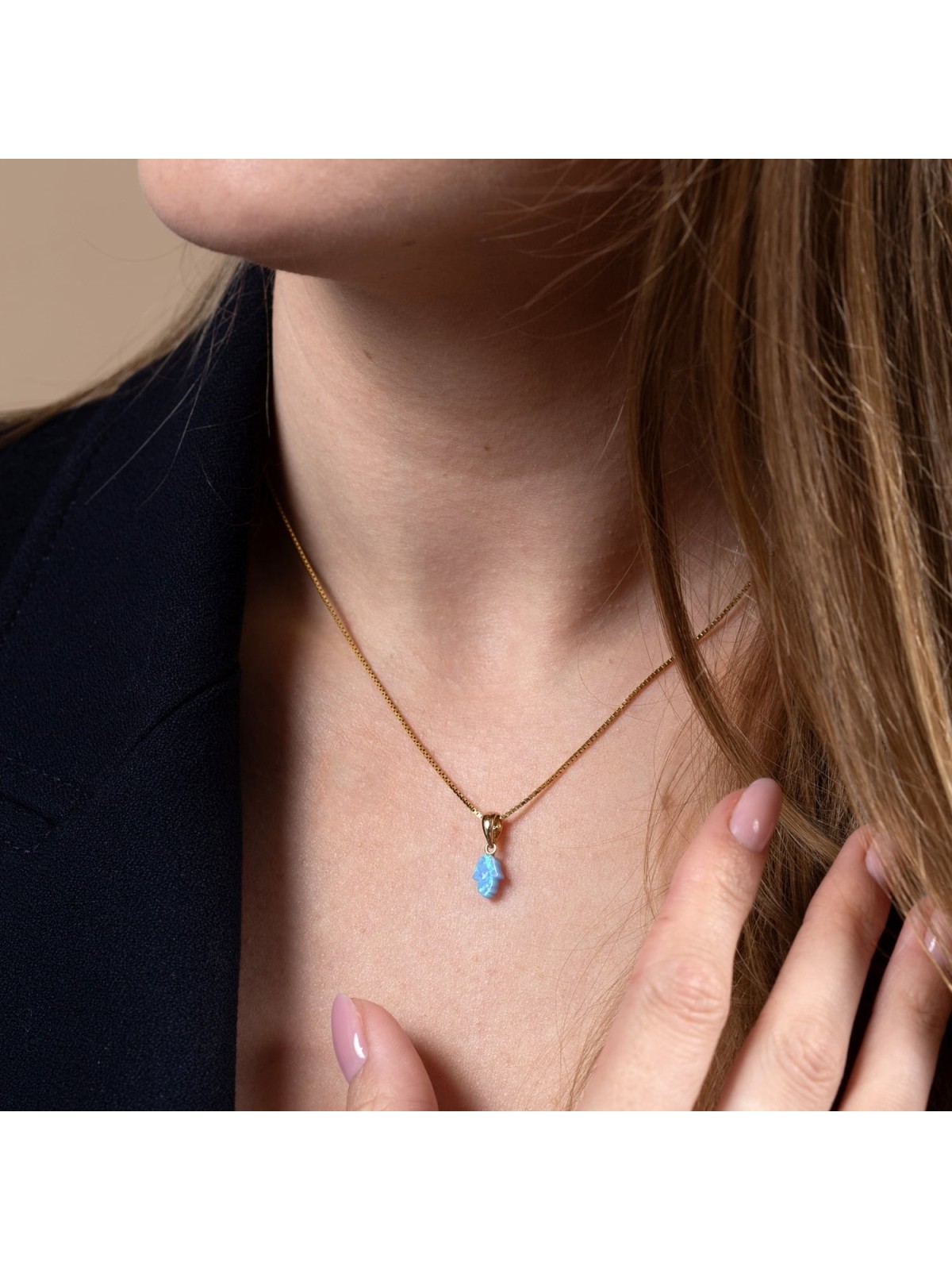 14K Gold Blue Opal Hamsa Pendant